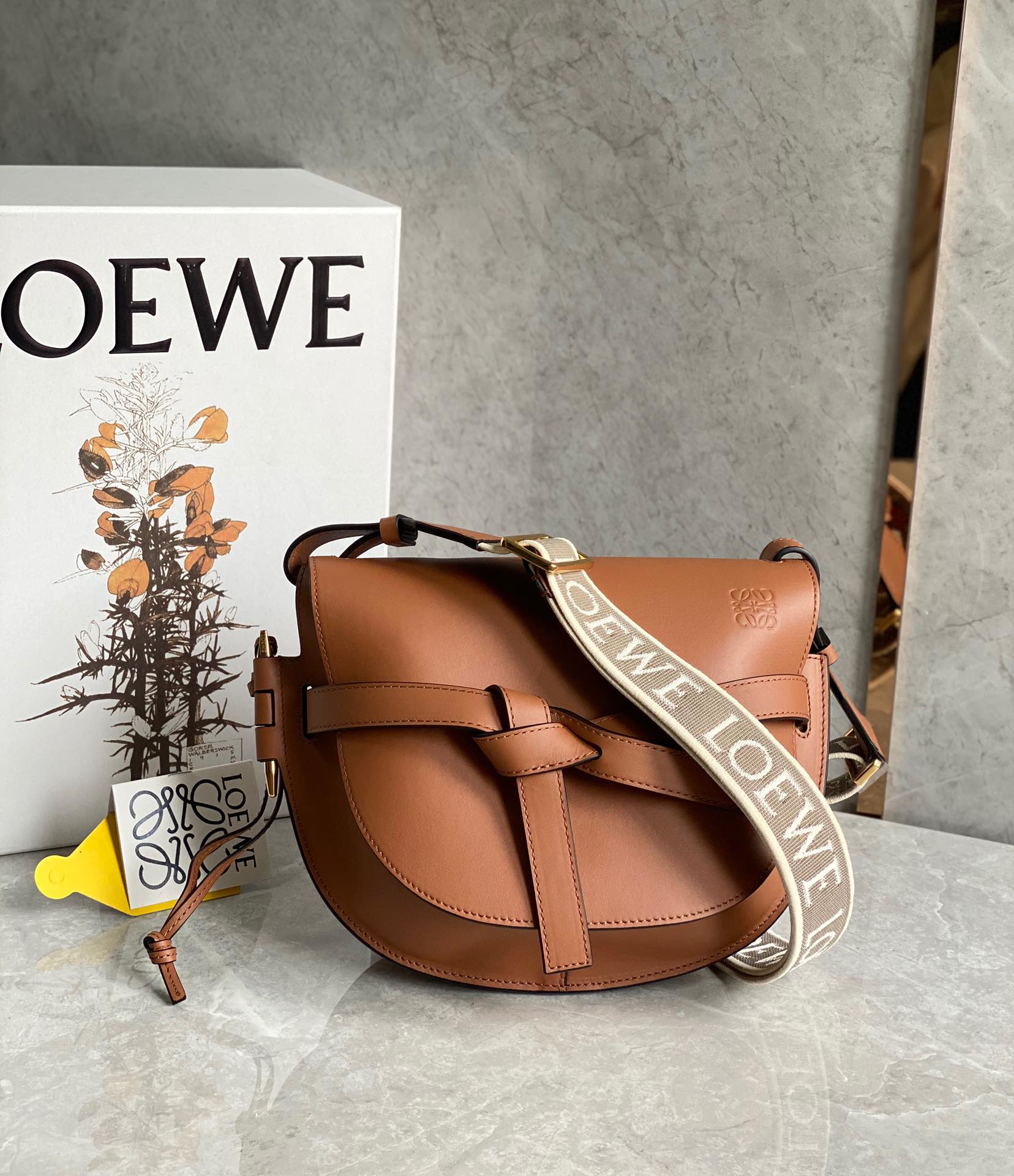 Loewe Small Gate Dual Bag in Soft Calfskin and Jacquard Brown